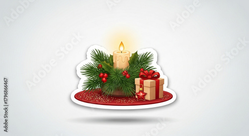 Christmas candle decoration with gift box and pine branches festive holiday celebration design element
