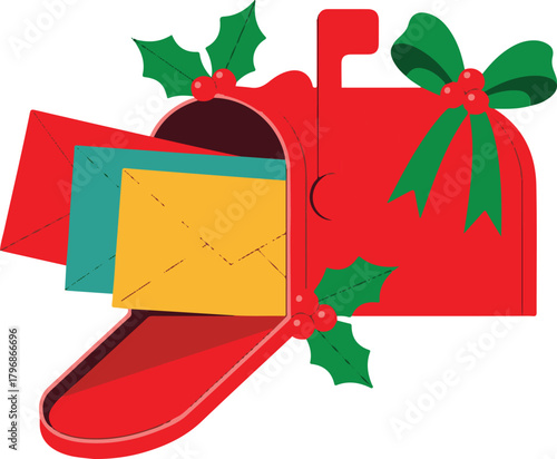 Red mailbox with Christmas holly and envelopes berries  vector illustration EPS file download.
