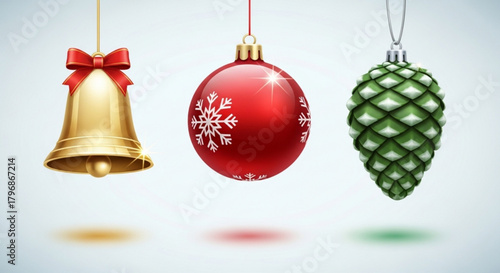 Christmas holiday ornaments bell pinecone and bauble decorations for xmas seasonal celebration design