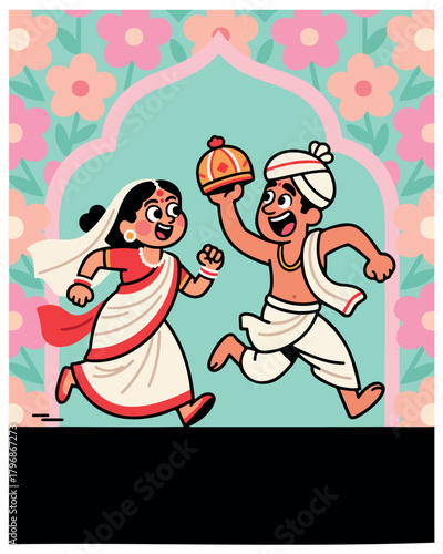 Traditional indian couple joyfully running, celebrating cultural wedding event