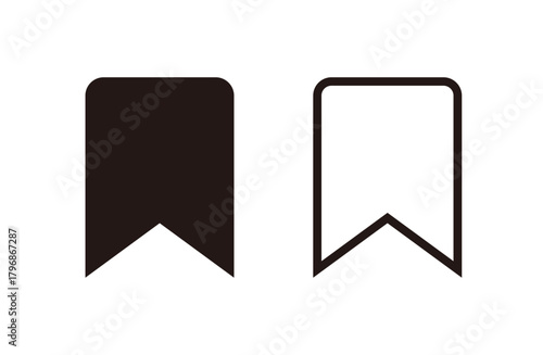 黒い線や塗りで描かれた、お気に入りや保存を表す、シンプルなリボンスタイルのブックマークアイコンのセット（ベクターイラスト）