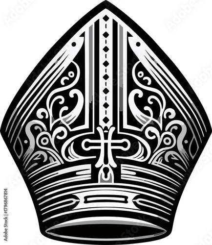 Intricate Black and White Bishop Mitre Hat Vector, Ornate Catholic Clergy Headwear, Cross Symbol Religious Line Art Illustration