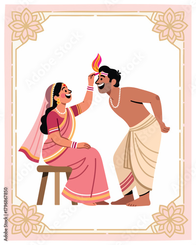 Happy indian couple performing traditional ritual, woman applying tilak