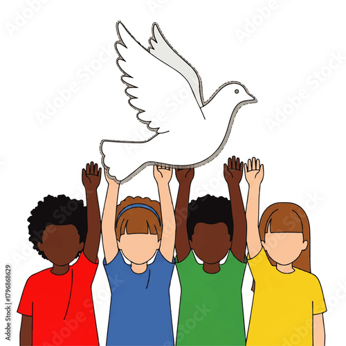 Children of Diverse Backgrounds Raise a White Dove in a Peaceful Collective Gesture.