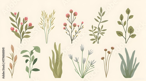 Collection of Colorful Botanical Illustration of Various Flower and Leaf Designs