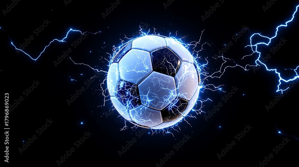 Fototapeta premium Soccer Ball with Electric Energy and Lightning on Dark Background