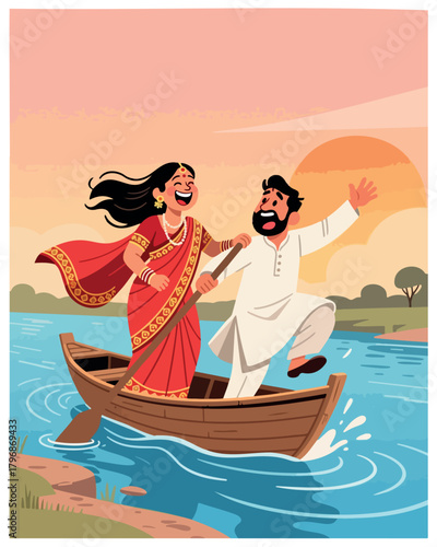 Indian couple joyfully rowing boat on river at sunset, celebrating a happy moment