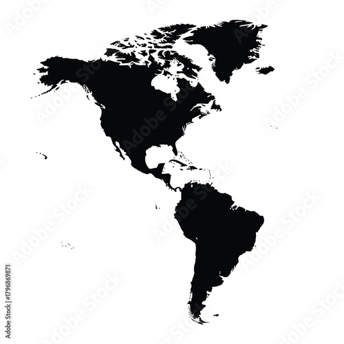 Silhouette map of the americas, combining the continents of north america and south america in a single, bold, black graphic outline on a crisp white background, perfect for global themes