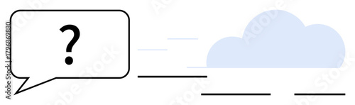 Speech bubble with question mark moves toward cloud, symbolizing data transfer, knowledge sharing, communication. Ideal for technology, knowledge, dialogue, innovation research networking. Simple