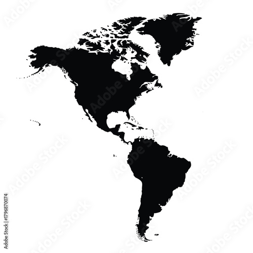 North and south america map silhouette, including central america and the caribbean, displaying geographical outlines for educational, travel, and global business concepts and initiatives.