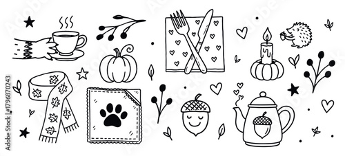 Black-and-white cartoon illustrations of cozy autumn doodles including cup, scarf, pumpkin, acorn, candle, and hedgehog in whimsical seasonal theme
