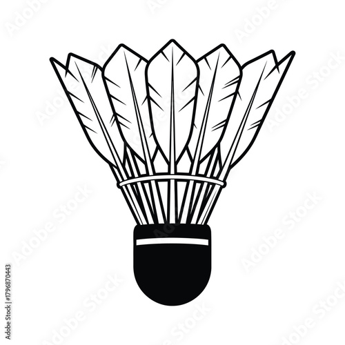 Black and white outline illustration of a badminton shuttlecock, featuring its feathered skirt and cork base. isolated on white, ideal for sports, games, competition, and graphic design projects.