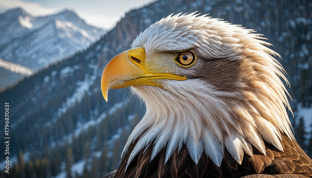 Fototapeta premium Majestic Bald Eagle Portrait: American Symbolism with Mountain Backdrop - Wildlife Photography