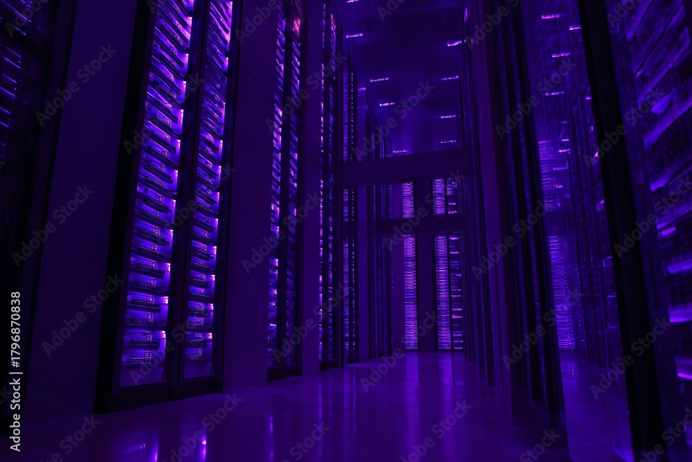 Fototapeta premium Supercomputer corridor with holographic data streams floating, purple-blue cyber lighting,