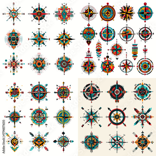 Decorative tribal compass icons with geometric patterns and ethnic motifs. Perfect for adventure themes, navigation artwork, folklore designs, and ornamental graphics.