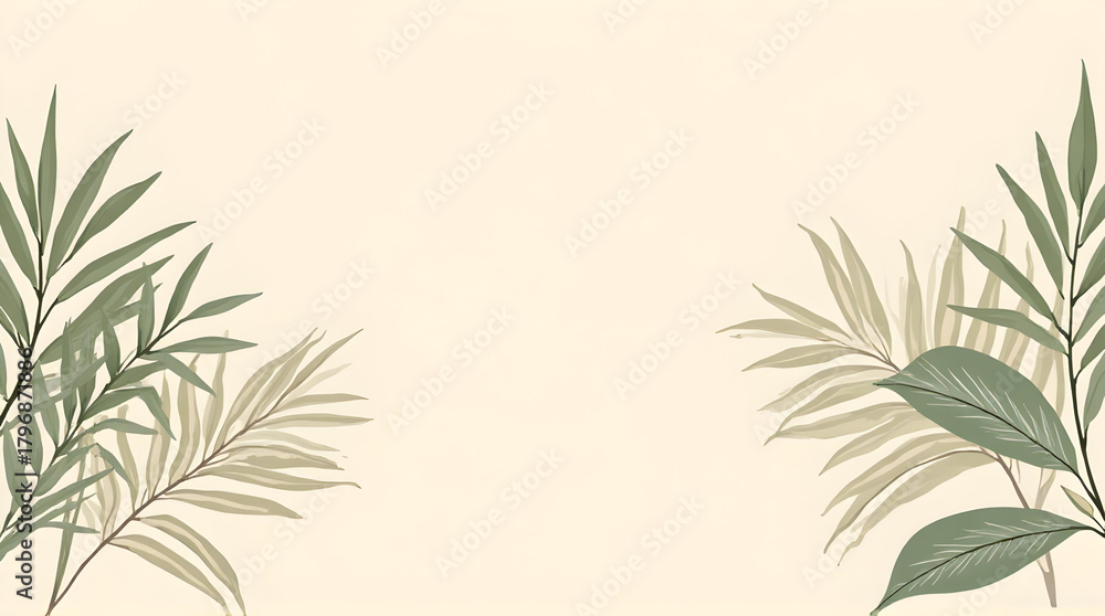 Naklejka premium Elegant Botanical Illustration of Green Leaves on Light Beige Background for Nature or Eco Designs