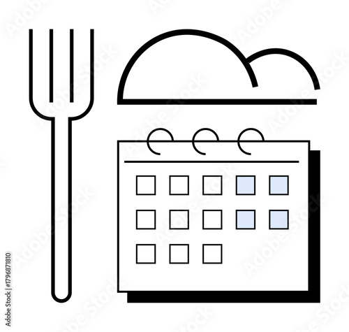 Fork next to calendar with highlighted days under a simple cloud outline. Ideal for meal prep, scheduling, food habits, diet tracking, nutrition planning, organizing routines, simple flat metaphor