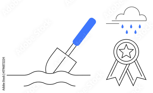 Shovel digging soil, cloud with rain, badge with star reflecting growth, nurturing, and achievements. Ideal for agriculture, hard work, success persistence sustainability rewards goals. Simple
