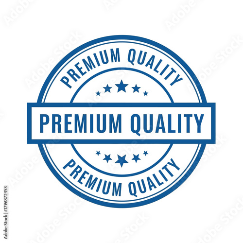 Premium quality blue round stamp or emblem with text and five stars, symbolizing excellence, guarantee, certification, high standard, and superior product or service assurance