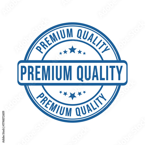 Premium quality round blue stamp or badge icon with five stars, symbolizing excellence, top-tier product guarantee, and superior service standards for diverse business and marketing uses