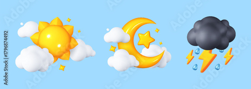 Collection of 3D Weather Icons. Realistic Clouds with Lightning, Rain, Snow, Moon and Sun. Versatile Vector Set for Banners, Web Design, Postcards, and Digital Art.