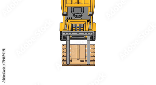Top-down aerial view illustration of a yellow forklift truck moving a wooden pallet. Industrial equipment for warehouse logistics and cargo transportation concept