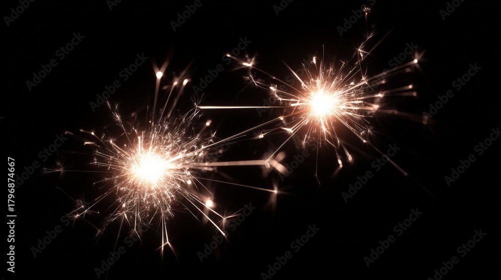 Naklejka premium Two Burning Sparklers on a Black Background, Creating a Festive and Celebratory Atmosphere of Joy