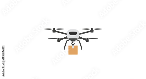 Innovative aerial delivery service concept with a quadcopter drone carrying a package for shipment. Modern unmanned logistics and transportation