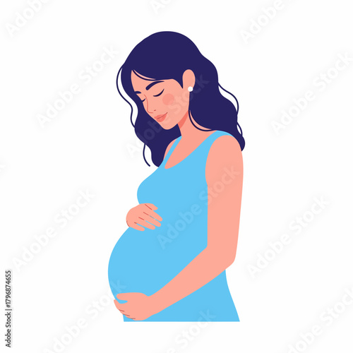 Pregnant Woman Holding Baby Bump. Beautiful Expectant Mother Vector Illustration.