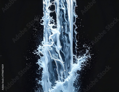 Close-up of water cascade falling against a dark background