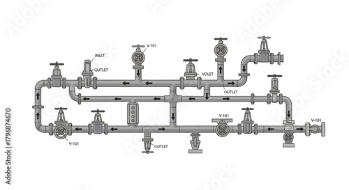 Detailed technical illustration of an industrial piping system with multiple valves, manifolds, and flow control elements. A complex engineering schematic for fluid distribution