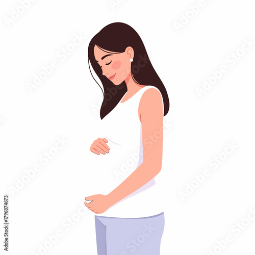 Happy Pregnant Woman Gently Touching Her Belly. Mother-to-Be Smiling, Waiting for Baby. Maternal Care and Expectation Concept. Vector Illustration Isolated on White.
