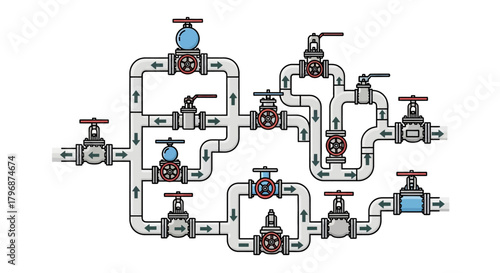 Illustration of a complex industrial pipeline system with multiple valves controlling fluid flow and direction