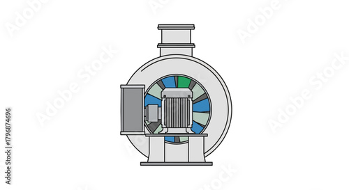 Schematic diagram of an industrial centrifugal fan with a cross-section view of the motor and impeller for HVAC systems