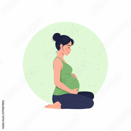 Peaceful pregnant woman sitting. Maternity, prenatal care, and wellness illustration.