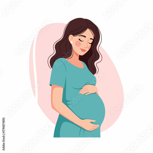 Happy Pregnant Woman Holding Belly. Motherhood and Pregnancy Illustration.