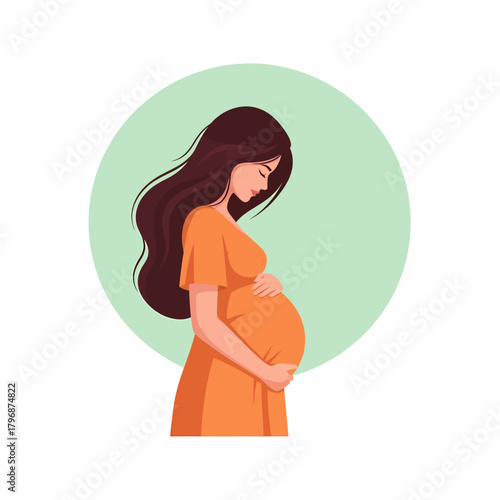 Beautiful Pregnant Woman Holding Her Belly. Motherhood and Expectation Vector Illustration.