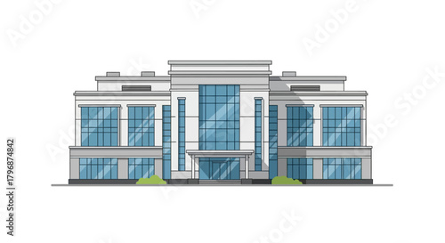 Vector illustration of a modern commercial office building or business center with a glass facade, isolated on a white background