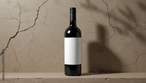 Dark Wine Bottle with Blank Label – Minimal Rustic Product Mockup Against Cracked Beige Wall Background, 32K Revolution 