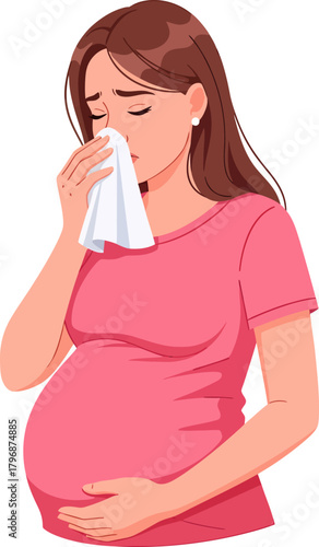 Sad pregnant woman wiping tears or blowing her nose with a tissue. Emotional distress, prenatal depression, or illness during pregnancy concept vector illustration.