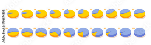 3D pie chart infographic set featuring circular data segments ranging from 5% to 100%. Modern vector diagrams for statistics, analytics dashboards, presentations, reports.