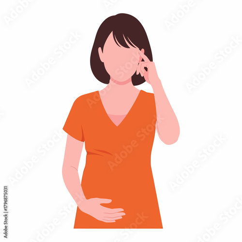 Pregnant woman thinking, touching temple and belly. Maternity memory issues, headache, or confusion concept. Flat vector illustration.