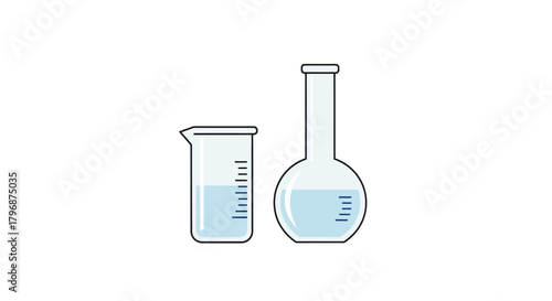 Vector icon of scientific glassware, featuring a beaker and a round-bottom flask filled with a chemical solution for a laboratory experiment or research