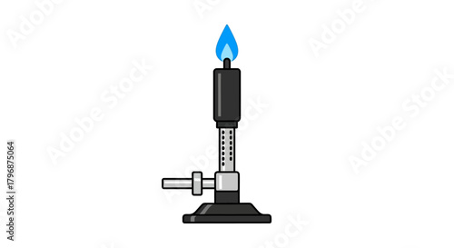 A Bunsen burner with a bright blue flame, depicted as a vector illustration. Essential scientific laboratory equipment for chemistry experiments and heating