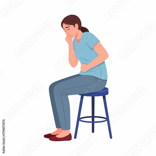 Woman Suffering from Nausea or Vomiting Urge, Clutching Her Stomach. Health Symptoms and Digestive Issues.