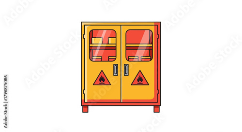 Flat design icon of a yellow and red hazardous substance storage cabinet with flammable and electricity warning labels