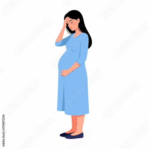 Pregnant Woman Experiencing Discomfort or Headache. Maternity Pain and Stress Symptoms.