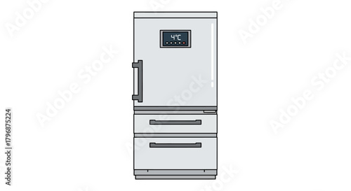 Vector illustration of a modern medical laboratory refrigerator with a digital temperature display, isolated on a white background