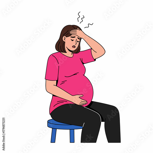 Pregnancy Discomfort: Pregnant Woman Suffering from Headache, Fever, or Sickness Symptoms, Sitting and Feeling Unwell