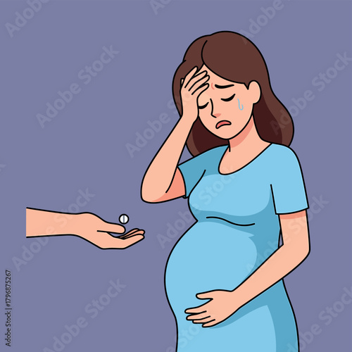 Distressed Pregnant Woman with Headache Being Offered Medication or Pain Reliever